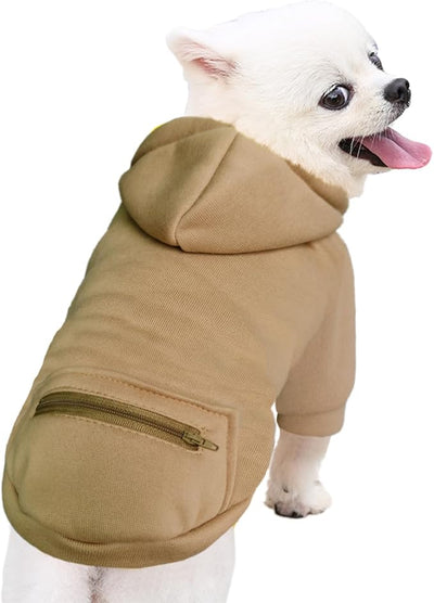 Jecikelon Dog Hoodies for Small Dogs with Zipper Pocket, Soft Fleece Puppy Clothes with Rope Hat, Warm Winter Outfits Cold Weather Coats, Cute Sweatshirt Chihuahua Costume (Khaki, XX-Small)