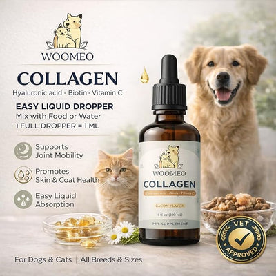 Liquid Collagen for Dogs & Cats with Hyaluronic Acid, Biotin & Vitamin C – Pet Collagen Supplement Drops, Bacon Flavor, Skin & Coat Support, Easy Liquid Dropper, 4 fl oz