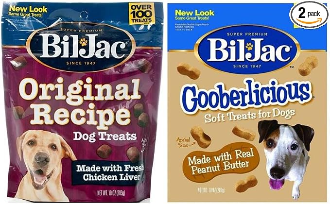 Bil-Jac Real Chicken Soft Treats for Dogs 2 Flavor Variety Bundle Original Recipe Liver Treats Gooberliscious Peanut Butter Flavor Treats, 10 Ounces Each (1 Bag of Each)