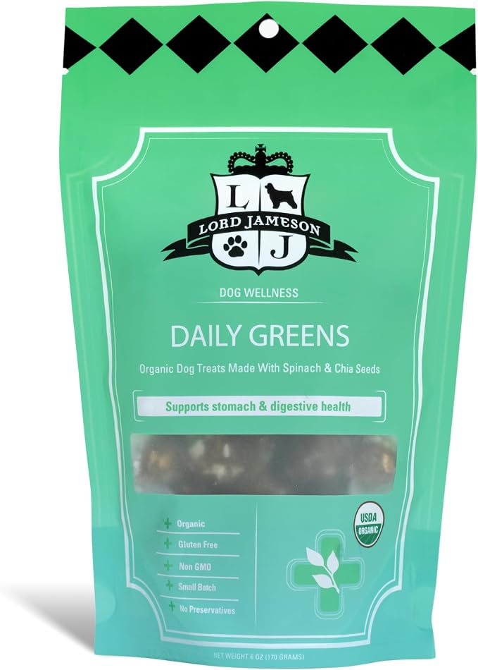 Lord Jameson Daily Greens Soft & Chewy Organic Dog Treats - Digestion Supporting Spinach, Dandelion, & Ginger - No-Bake, Gluten-Free, Preservative-Free, USDA Certified Organic - Made In USA 6 oz