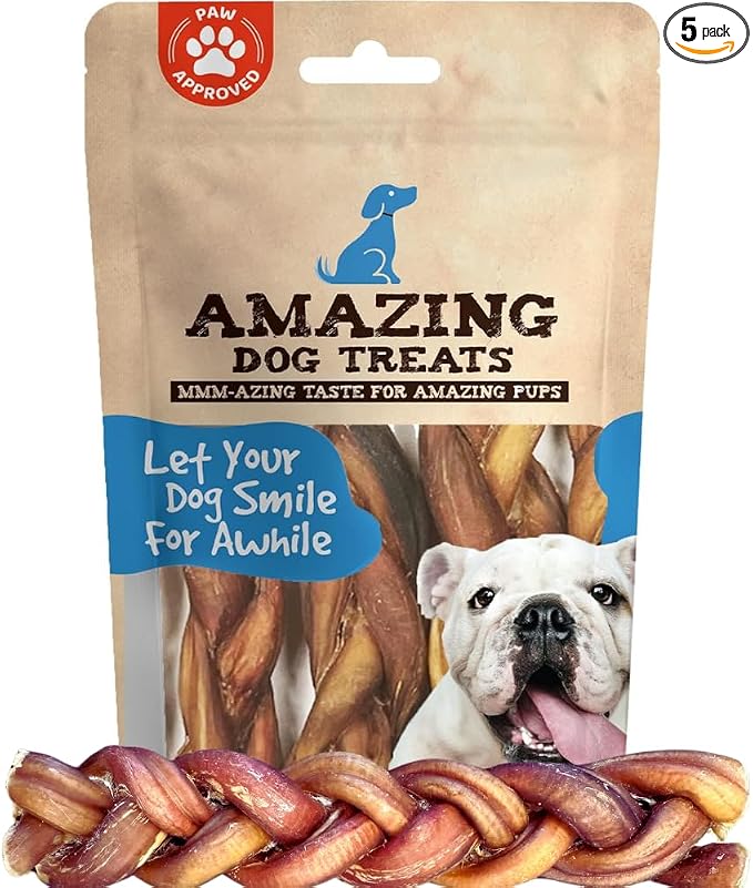 Amazing Dog Treats 6" Braided Bully Stick (5 Pcs/Pack) Bully Stick for Dogs - Made from Premium Grass Fed Beef