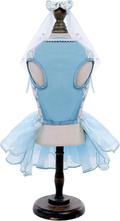 ASENKU Dog Dress, Dog Wedding Dress, Pet Lace Princess Dress with Bows for Wedding Birthday Party, Puppy Formal Apparel with Pearl Necklace for Medium Large Dogs (Blue, Large)