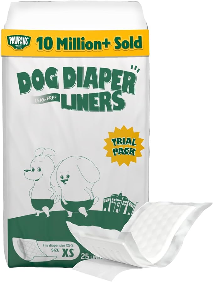 PAWPANG Disposable Dog Diaper Liners l Trial Pack (25 Count), Absorbent Inserts with Odor Control for Reusable Dog Diapers & Belly Bands (X-Small)