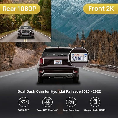 Fitcamx 2K Dual Dash Cam for 2020-2022 Hyundai Palisade Limited SE SEL Calligraphy (Part No#S8000), OEM Look, Front 1440P+Rear 1080P Video, Loop Recording, WiFi & APP, G-Sensor, Easy to Set, 64GB Card