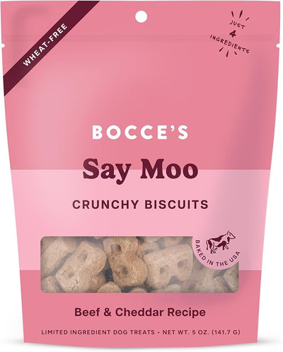 Bocce's Bakery Oven Baked Say Moo Treats for Dogs, Everyday Wheat-Free Dog Treats, Made with Real Ingredients, Baked in The USA, All-Natural Beef & Cheddar Biscuits, 5 oz