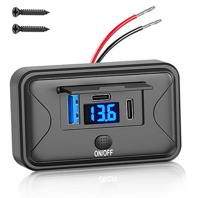 90W 12V USB Outlet Panel Wall Mount, Dual 36W USB C and QC 3.0 18W Car USB Port Charger with Voltmeter Button Switch, Waterproof 3 USB Multi Port Power Outlet DIY 12V Accessories for Car Bus RV Truck