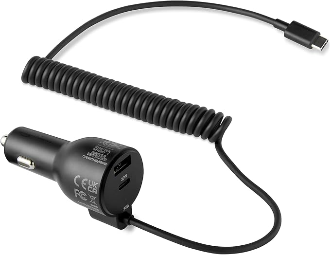 Amazon Basics Fast-Charging Car Charger, 60W, 1 USB-C Port (30W), 1 USB-A Port, 1 Built-in Coiled USB-C Cable (30W), Black