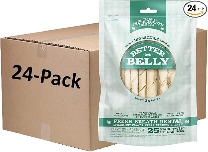 Better Belly Twists Fresh Breath, Digestible for Dogs (1 CASE of 24 Individual Packs of 4.4 OZ, Count of 25), P-94507-1