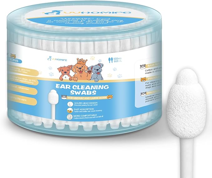 Large-Head Dog Ear Swabs, Gourd Cotton Tips, 130 pcs | Soft cotton-paper sticks in sealed packs for folds, paws, post-play cleanup, bathroom or travel.