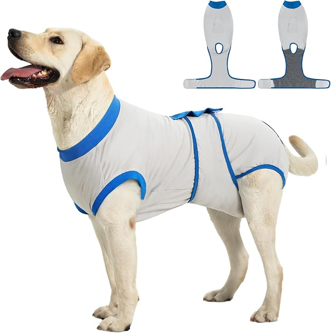 Recovery Suit for Dogs Cats After Surgery, E-Collar & Cone Alternative Surgical Suit, Prevent Licking Dog Onesies Pet Surgery Recovery Suit Soft Dog Bodysuit, Grey Blue, XS