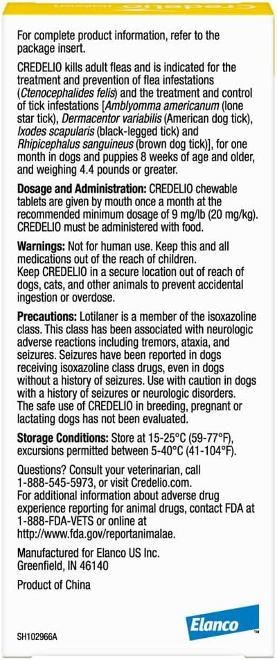 Credelio (lotilaner) Tick & Flea Treatment + Flea Infestation Protection for Dogs 4.4-6.0 lbs. (3 Tablets)