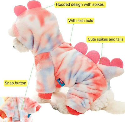 Dinosaur Dog Clothes for Small Puppy Girl, Boy: Fleece Winter Puppy Coat with Leash Ring, Cat Costume for Cold Weather, Funny Dinosaur Costume for Christmas, Halloween. (Pink, X-Large)