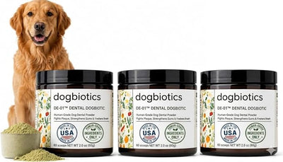 Dogbiotics DE-01 Dog Dental Powder - Clinically Studied Oral Postbiotic for Plaque, Tartar & Gum Support, Targets Bad Breath - Human-Grade Ingredients, Made in USA, No Brushing - 180 Scoops (6oz)