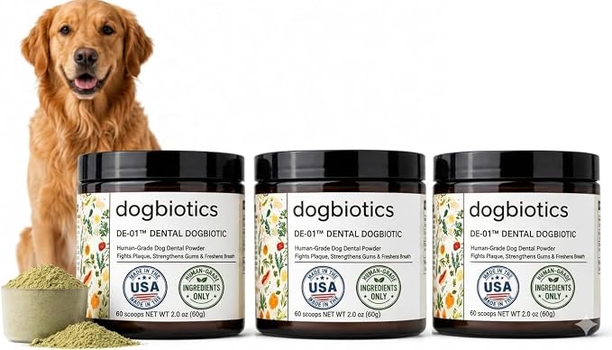 Dogbiotics DE-01 Dog Dental Powder - Clinically Studied Oral Postbiotic for Plaque, Tartar & Gum Support, Targets Bad Breath - Human-Grade Ingredients, Made in USA, No Brushing - 180 Scoops (6oz)