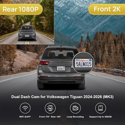 Fitcamx Front 2K+Rear 1080P Dash Cam Adapts for Volkswagen Tiguan 2024-2026 MK3 (Grey), OEM Style, Dual HD Video, WiFi & APP, Loop Recording, Parking Mode, Easy to Operate, 64GB Card