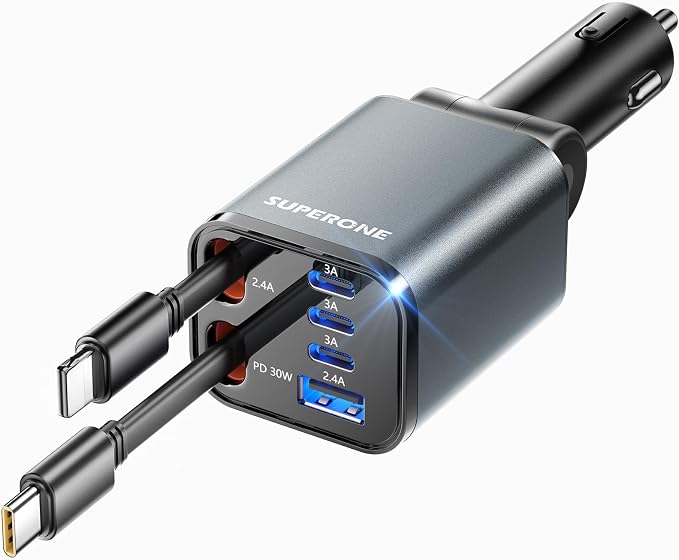 [Upgraded] 6 in 1 Retractable Car Charger, SUPERONE Smaller Fast Car Phone Charger 69W with Cord, USB C and iPhone Car Charger Adapter, Compatible iPhone 17/17 Pro Max/16/15/14/13/12/11, Sumsung