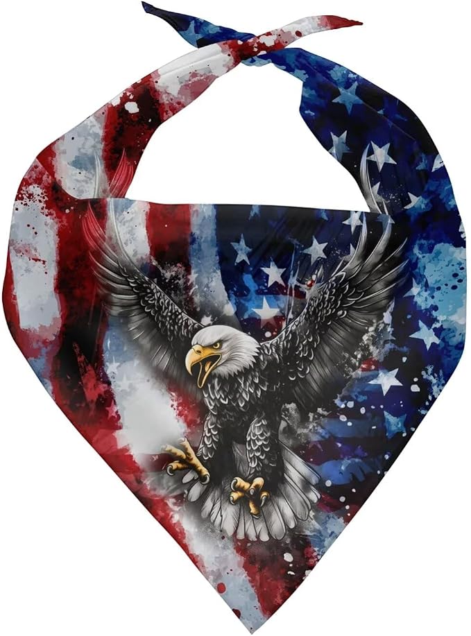 KEIAHUAN Dog Bandana 4th of July Pet Bandanas American Flag Bald Eagle Reversible Scarf Washable Patriotic Triangle Dog Bib Doggie Carves