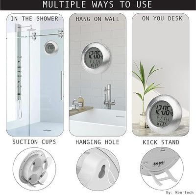 Sonnet Shower Clock for Bathroom and Kitchen - Large Digital Display Shows Time, Date, Day of The Week and Temperature. Large Suction Cups, Hanging Hole, and Kick Stand - Atomic Clock