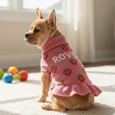 Personalized Dog Sweater Dress for Dogs and Cats, Custom Name Winter Strawberry Bowtie Knit Sweater for Girls, Soft Puppy Knitwear Clothes, Gifts Dog and Cat Lovers
