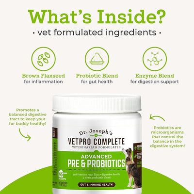 Dr. Joseph's VetPro Complete Advanced Pre & Probiotics Powder for Dogs, Meal Topper, 90 Scoops, Supports Gut Health, Diarrhea, Digestive Health & Allergies, Chicken/Pumpkin Flavor, 4 Billion CFUs