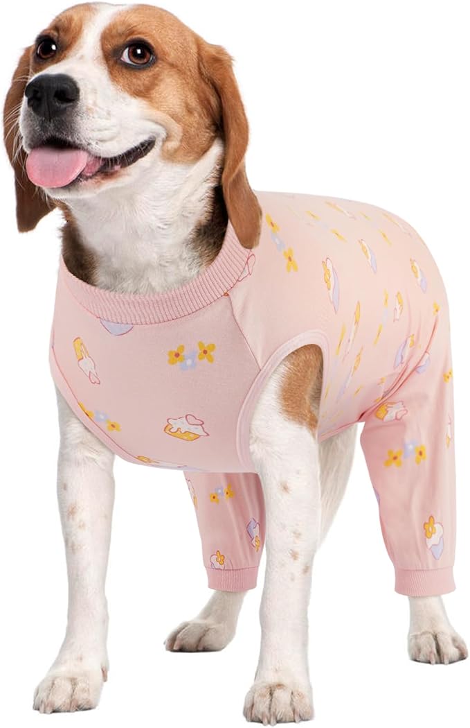 Kuoser Dog Recovery Suit with Anti Licking Rear Leg Sleeve, PinkCake L | Abdominal Dog Surgical Suit with Pants Cover Protect Wounds, Dogs Elbow Protector Soft Pet Surgery Onesie Cone Alternative