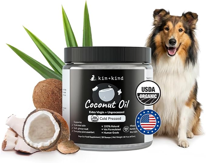 kin+kind Organic Coconut Oil Pet Supplement for Dogs and Cats - Cold Pressed Extra Virgin Coconut Oil - Itchy Skin, Dry Cracked Noses & Dry Skin Treatment - Made in USA - 16 fl oz (Large)