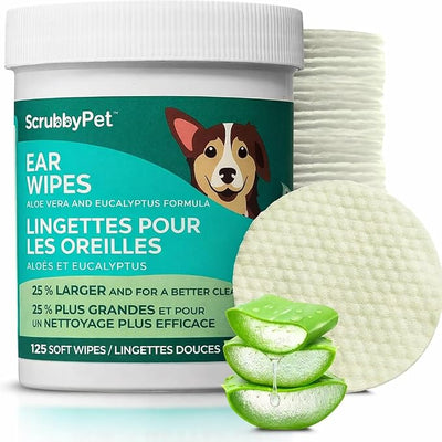 Scrubby Pet Dog Ear Wipes for Dogs | Extra Thick with Aloe Vera & Eucalyptus | 125 Count | Hypoallergenic Ear Cleaner for Dogs with Pearl Texture for Deeper Clean