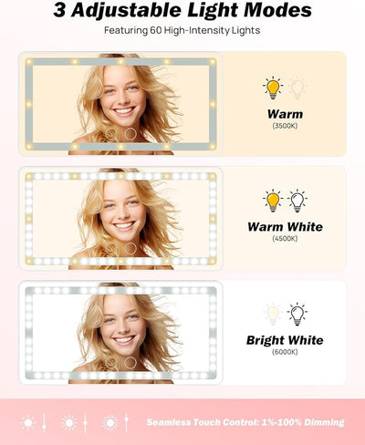 JOYTUTUS Car Sun Visor Vanity Mirror, Car Vanity Mirror with Lights, Makeup with 3 Light Modes & 60 LEDs, Rechargeable Dimmable Touch Control Travel Makeup for Sedan Truck SUV