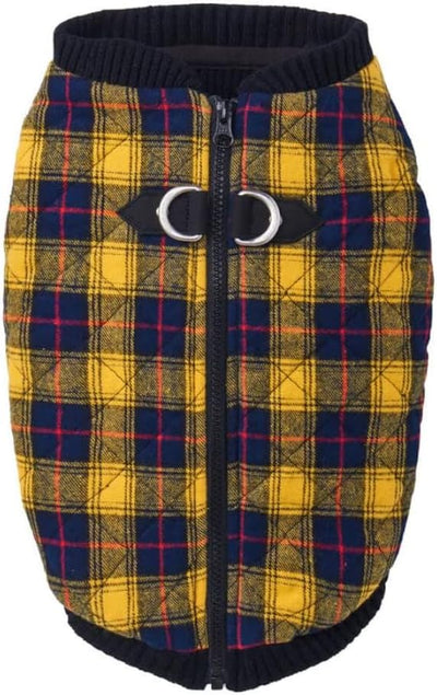 Gooby Fashion Vest Check Dog Jacket - Yellow Check, Small - Warm Zip Up Dog Bomber Vest with Dual D Ring Leash Water Resistant for Small to Medium Dogs