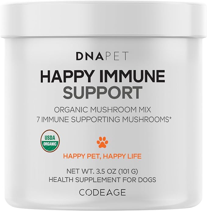 DNA PET Happy Immune Support Mushroom Powder for Dogs, 7 Mushrooms, 3.5 oz | USDA Certified Organic 7-mushroom powder for dogs. Mixes easily into meals, for all breeds and sizes.