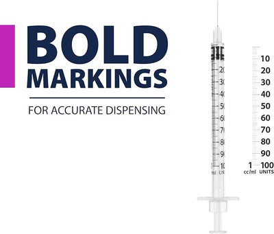 Easy Touch U-100 Pet Insulin Syringes for Dogs & Cats – 28G 1cc 1/2" Needle, Half-Unit Markings for Precise Dosing, Compatible with U-100 Insulin, Box of 100