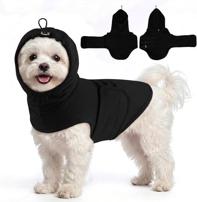 MIGOHI X-Small Dog Anxiety Vest | Dog Calming Vest for Small Dogs, Adjustable Anxiety Shirt for Dogs,Pet Anxiety Jacket with Ear Cover for Fireworks,Thunderstorm,Separation,Loud Noise,Black,XS