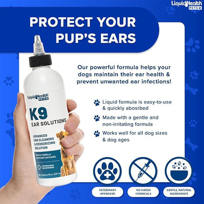 LIQUIDHEALTH Pets K9 Dog Ear Cleaner Wash Solutions - Infection Cleaning Hygiene Treatment Liquid Drops for Dogs, Canines, Puppies - for Use After Swimming or Bathing - Made in The USA (8 oz, 3Pack)