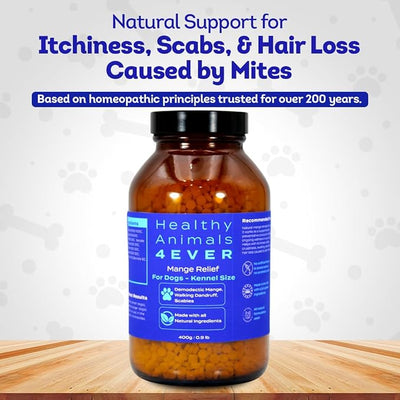 HA4E - Mange Relief for Dogs - Treatment for Itchiness, Scabs, & Hair Loss Caused by Mites - All-Natural, Homeopathic, Non-GMO, Organic, Preservative & Chemical Free, Tablets, Kennel Size