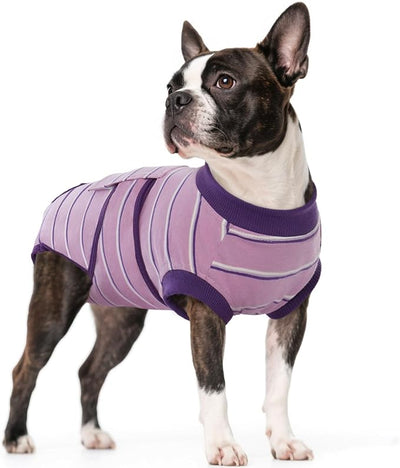 Kuoser Dog Surgery Recovery Suit, Soft Breathable Dog Recovery Suit for Female Spay Male Nueuter, Anti Licking Puppy Onesie Pet Surgical Suit for Dogs Abdominal Wounds Skin Disease, Purple Strips XS