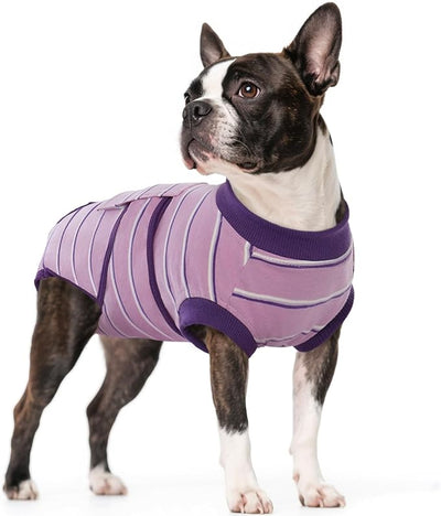 Kuoser Dog Surgery Recovery Suit, Soft Breathable Dog Recovery Suit for Female Spay Male Nueuter, Anti Licking Puppy Onesie Pet Surgical Suit for Dogs Abdominal Wounds Skin Disease, Purple Strips S