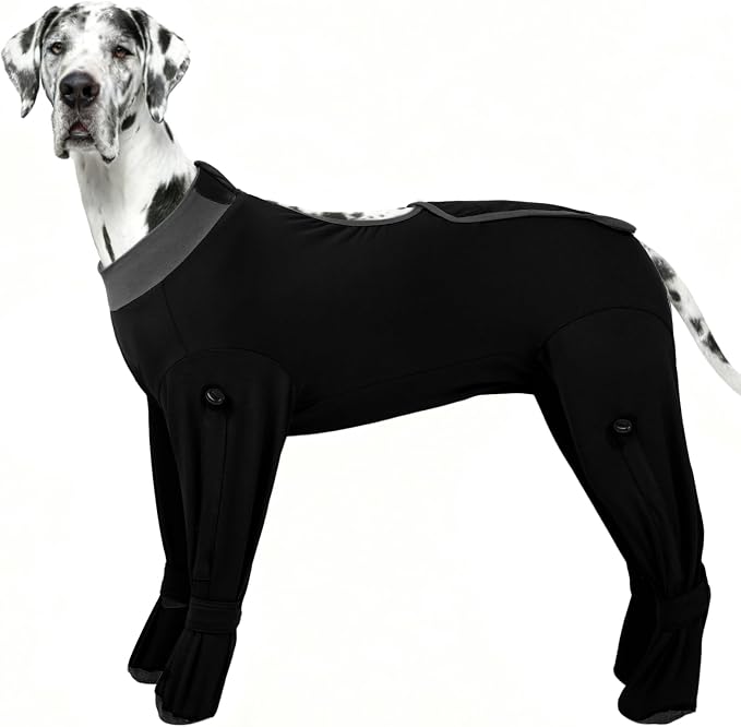 ROZKITCH Dog Leg Recovery Shirt with Socks, Dog Prevent Licking Shedding with Feet, Post-Surgery Bodysuit with Four Legs Adjustable Drawstrings for Extra Large Dogs, Cone Alternative Black 5XL