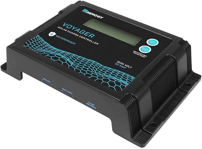 Renogy Voyager 20A 12V/24V PWM Waterproof Solar Charge Controller w/ LCD Display for AGM, Gel, Flooded and Lithium Battery, Used in RVs, Trailers, Boats, Yachts, Voyager 20A