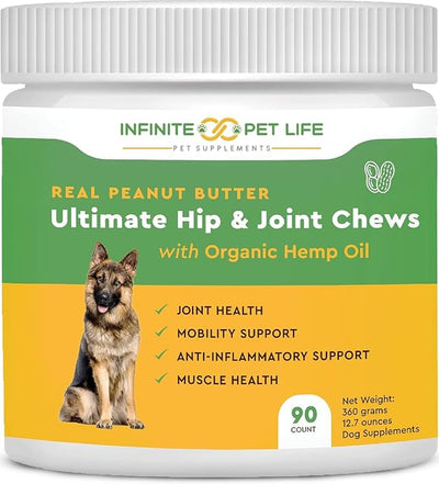 Infinite Pet Life Ultimate Hip & Joint Chews for Dogs – Peanut Butter Flavor – Glucosamine, Chondroitin, MSM & Turmeric – Advanced Joint Support for Dogs 90 Soft Chews