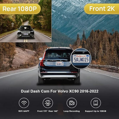 Fitcamx 2K Dual Dash Cam Compatible with Volvo XC90 2016 2017 2018 2019 2020 2021 2022 T5 T6 T8 (Model A), OEM Factory Look, Front 1440P+Rear 1080P Video, Loop Recording, WiFi&APP, G-Sensor, 64GB Card