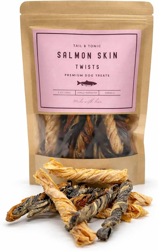 TAIL & TONIC Salmon Skin Dog Treats - Single Ingredient Dog Treats, Air-Dried Chewy Fish Skins for Dogs, High Protein, Omega-3 Rich Dental Chews, Twist