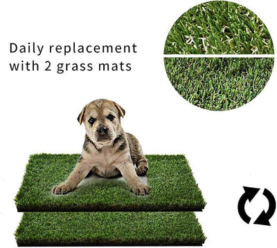 HQ4us Dog Grass Pad with Tray Small 23" x 16" Dog Litter Box Toilet for Puppy (No Grate) with 2×Artificial Grass for Dogs with Hemmed Edge, Pee Pads for Dogs, Realistic, Less Stink, Potty for Balcony