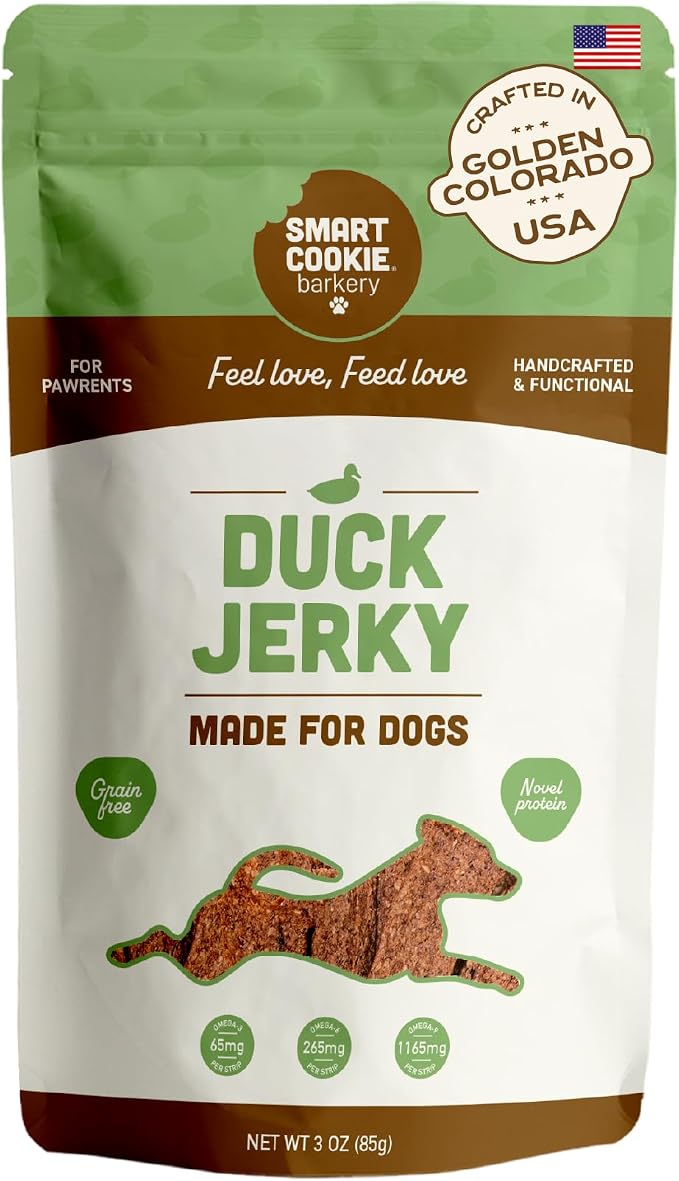 Smart Cookie Duck Jerky Dog Treats with Flax Seed, Omega Oils- Hypoallergenic Strips for Dogs and Puppies with Allergies, Sensitive Stomachs - Dehydrated, Grain Free, Made in USA - 3oz Bag, Pack of 1