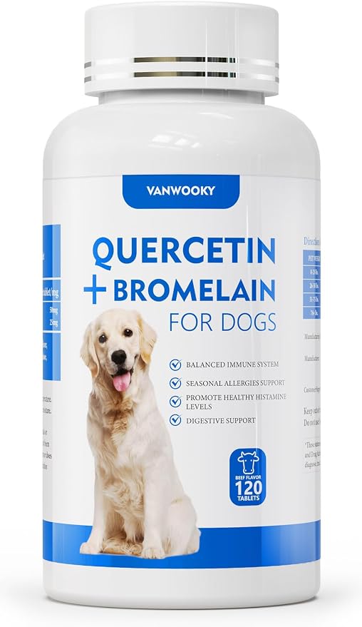 Quercetin + Bromelain for Dogs – Immune & Allergy Support Supplement, Inflammatory Relief, Antioxidant Formula, 120 Beef-Flavored Chewable Tablets