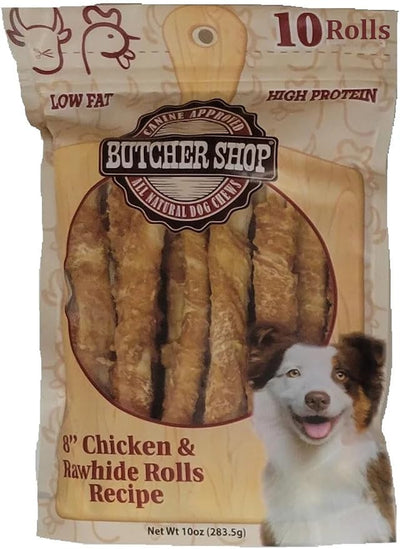 Butcher Shop 8” Chicken & Rawhide Rolls Dog Treats (2 Pack - 10 oz per Pack)