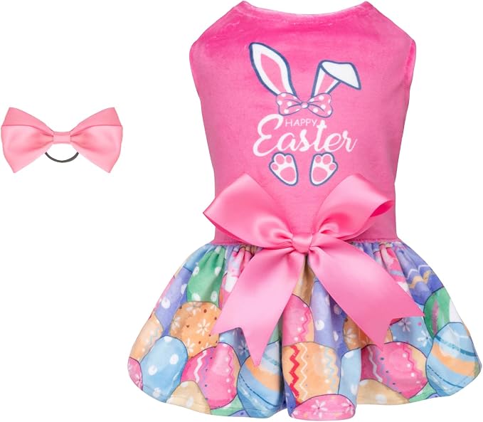 CuteBone Happy Easter Eggs Dog Dress Velvet for Small Dogs Girl Pink Puppy Dresses Dog Clothes