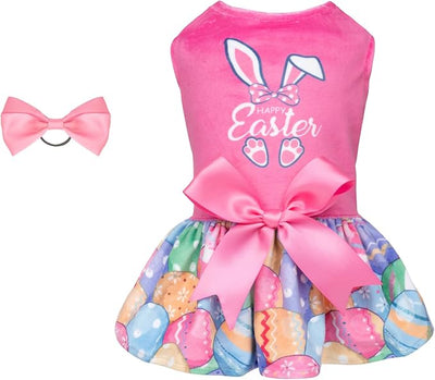 CuteBone Happy Easter Eggs Dog Dress Velvet for Small Dogs Girl Pink Puppy Dresses Dog Clothes