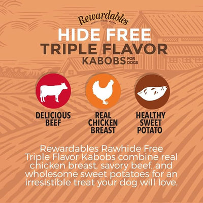 Rewardables Rawhide Free Triple Flavor Kabobs for Dogs | Real Chicken, Beef and Healthy Sweet Potato | 15 Count