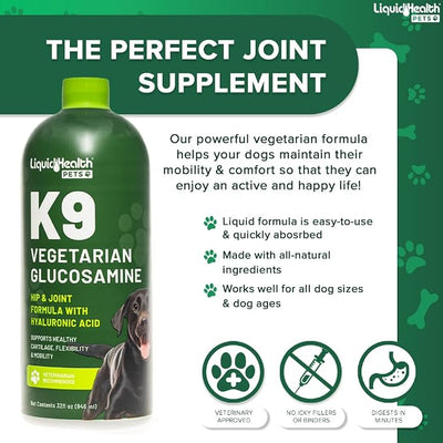 LIQUIDHEALTH 128 Oz K9 Vegetarian Liquid Glucosamine for All Dogs Canines - Chondroitin, MSM, Omega 3, Anti Oxidants Hyaluronic Acid – Joint Health, Dog Vitamins Hip Joint Juice, Joint Oil - 1 Gallon