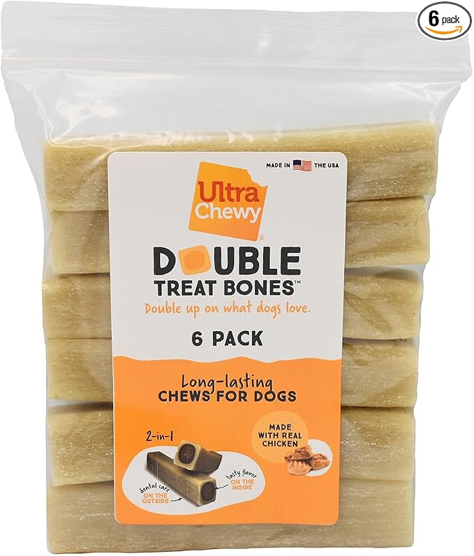 Ultra Chewy Chicken Double Treat Bones: Long-Lasting Dog Treats Made in USA for Large and Small Breeds, Highly Digestible, Ideal for Aggressive Chewers (6 Count)